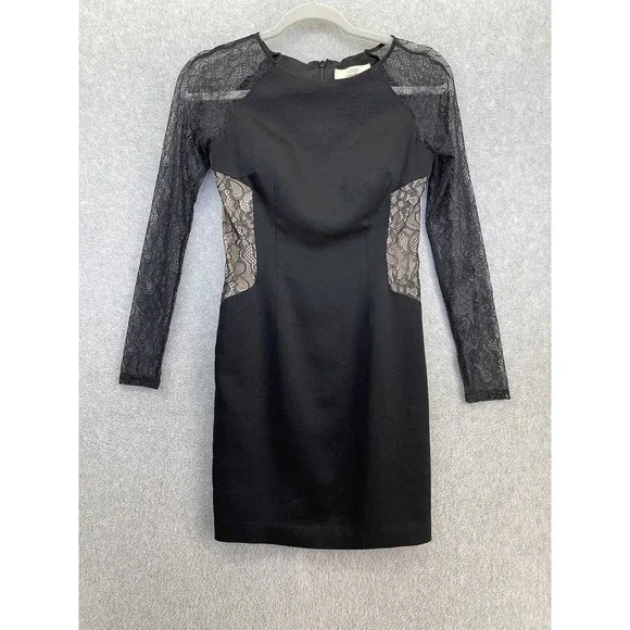 Aidan Mattox Women's Black Lace Dress Size 0 Long Sleeve Illusion Sides Nude Aidan Mattox Women's Black Lace Dress Size 0 Long Sleeve Illusion Sides Nude